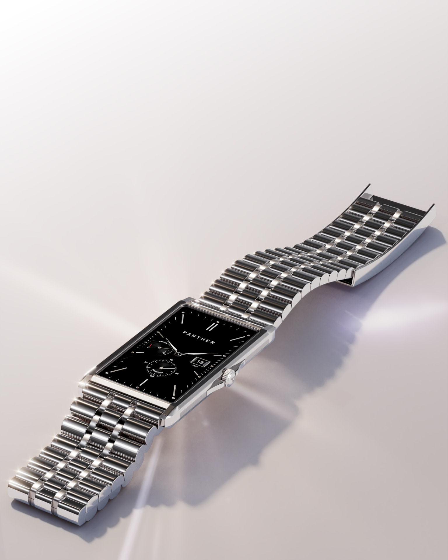 The Panther Solstice rectangular smartwatch with stainless steel bracelet, polished case, and black dial showing date and complications
