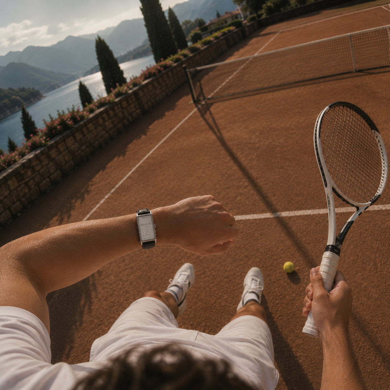 The Panther Solstice smartwatch on wrist during a tennis match, showing active fitness tracking