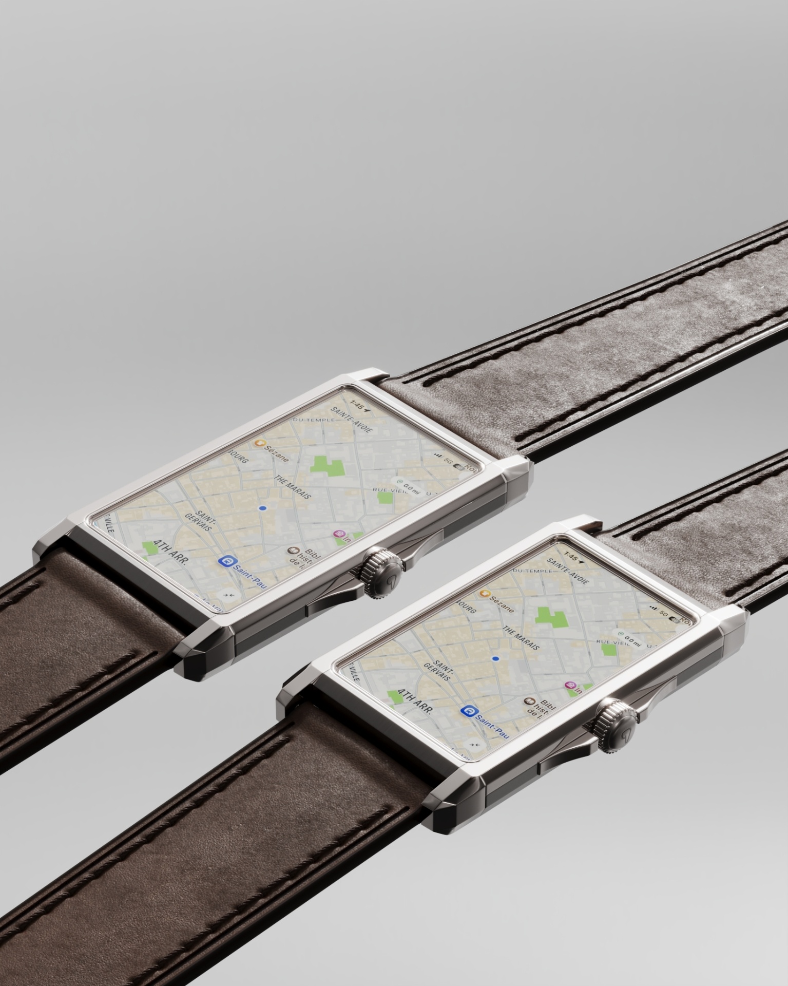 The Panther Solstice showing turn-by-turn navigation maps on the watch display