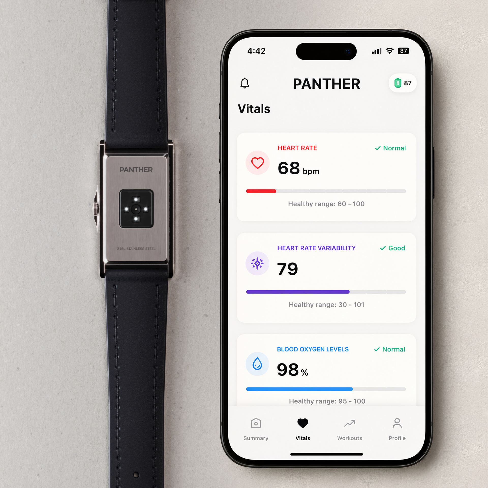 The Panther Solstice watch back with precision health sensors alongside the Panther Vitals app showing heart rate, HRV, and blood oxygen readings