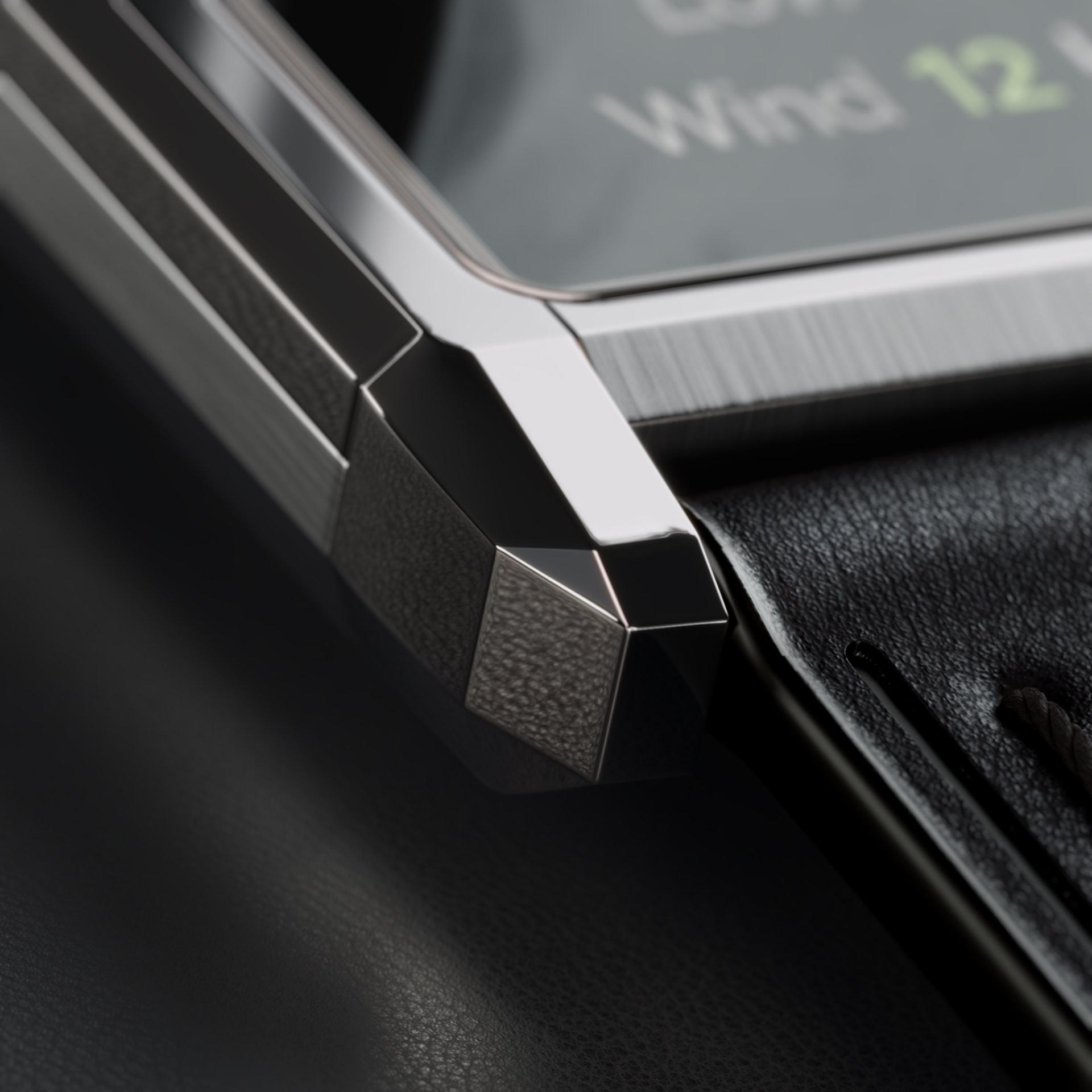 The Panther Solstice precision-cut crown and brushed stainless steel case side detail
