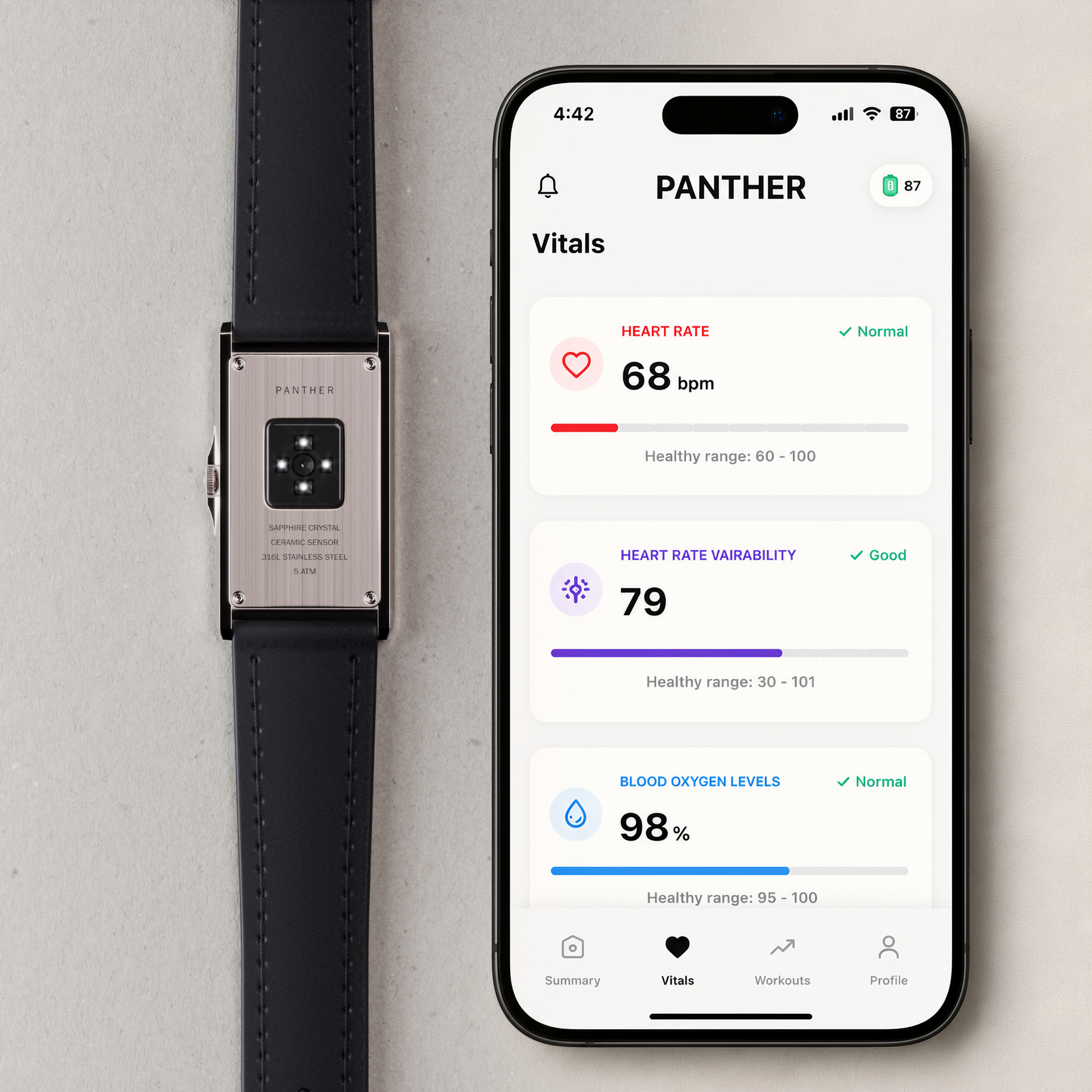 The Panther Solstice watch alongside the Panther Vitals app showing heart rate, HRV, and blood oxygen readings