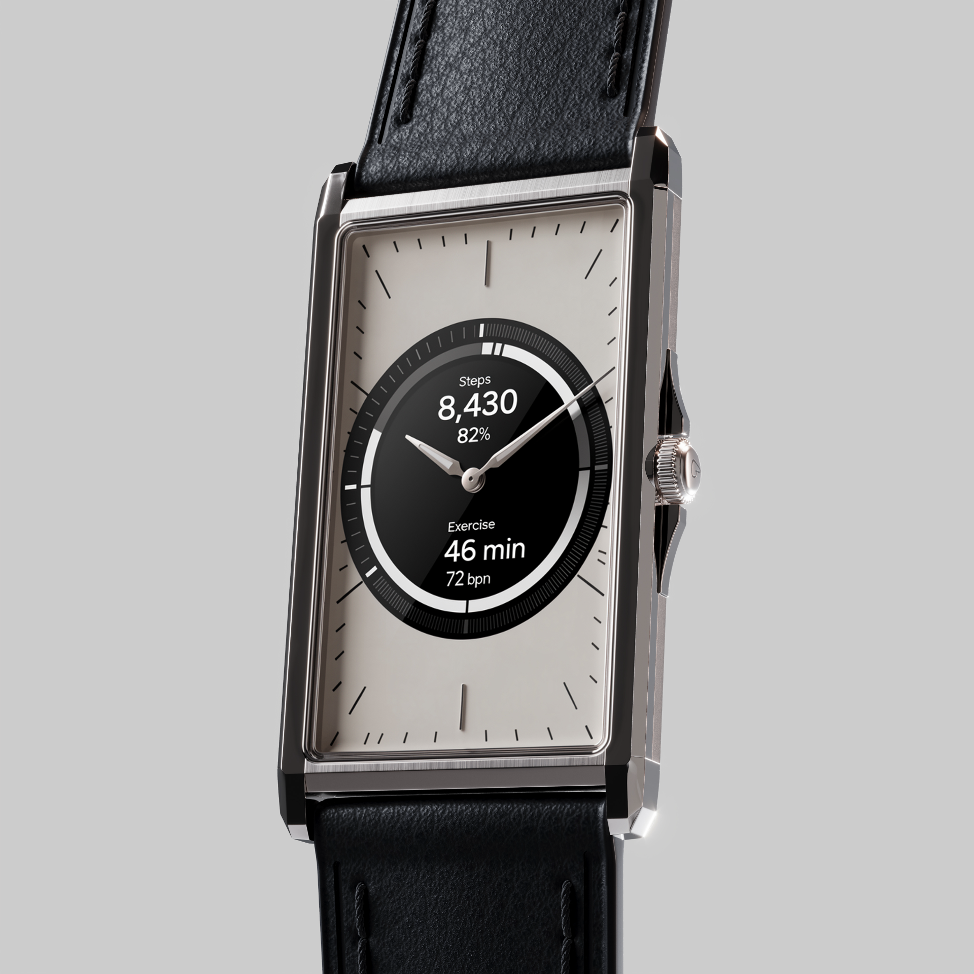 The Panther Solstice showing an analog watch face with steps and exercise metrics