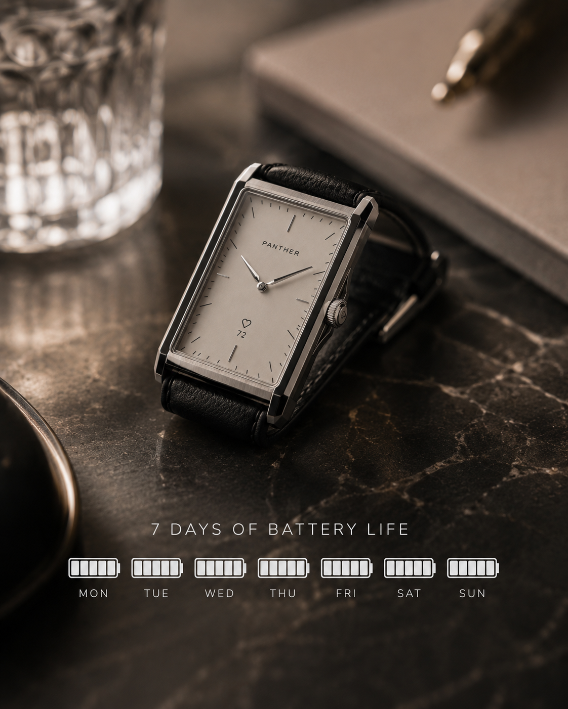 The Panther Solstice smartwatch on a marble surface with seven days of battery life