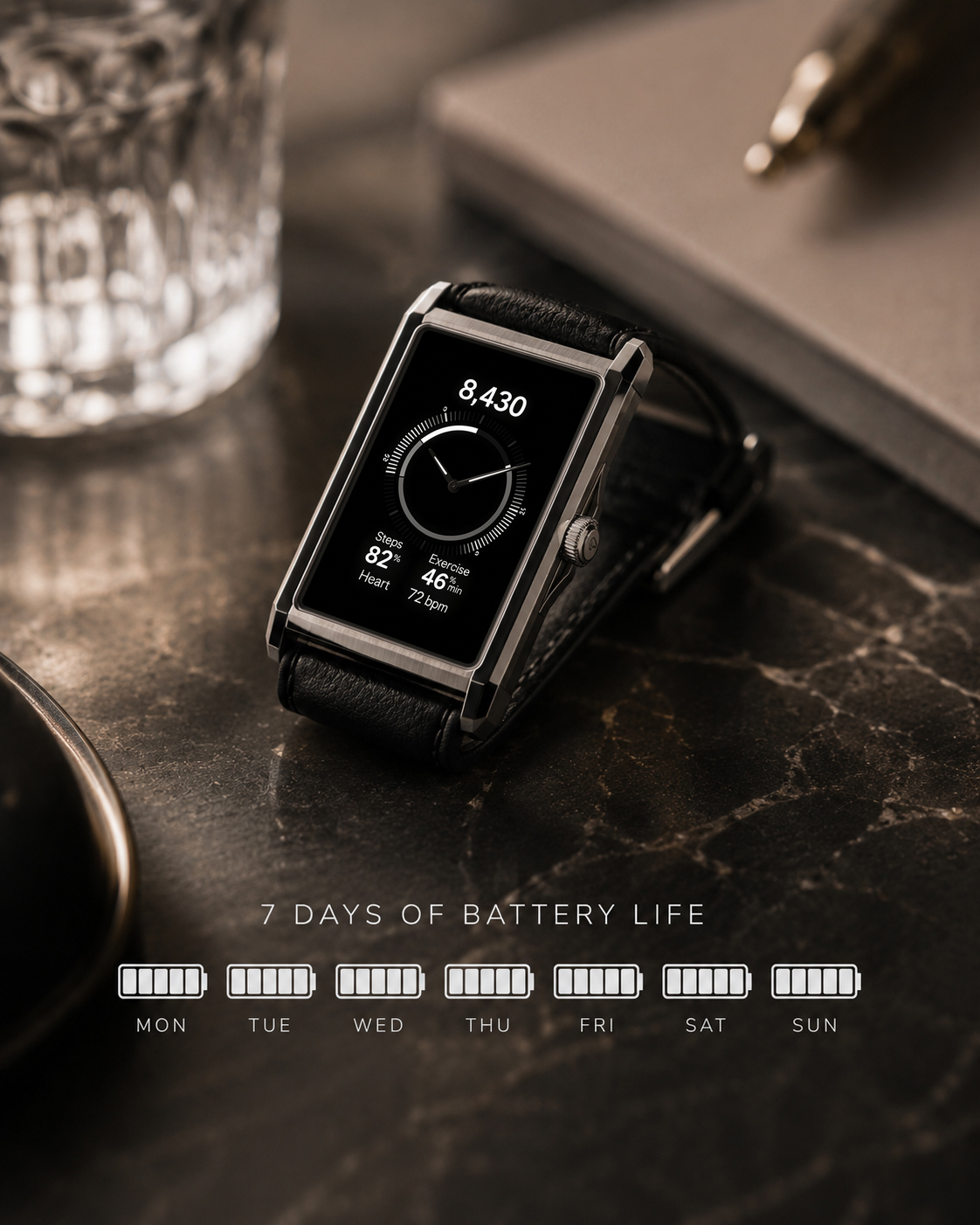 The Panther Solstice smartwatch on a marble surface with seven days of battery life