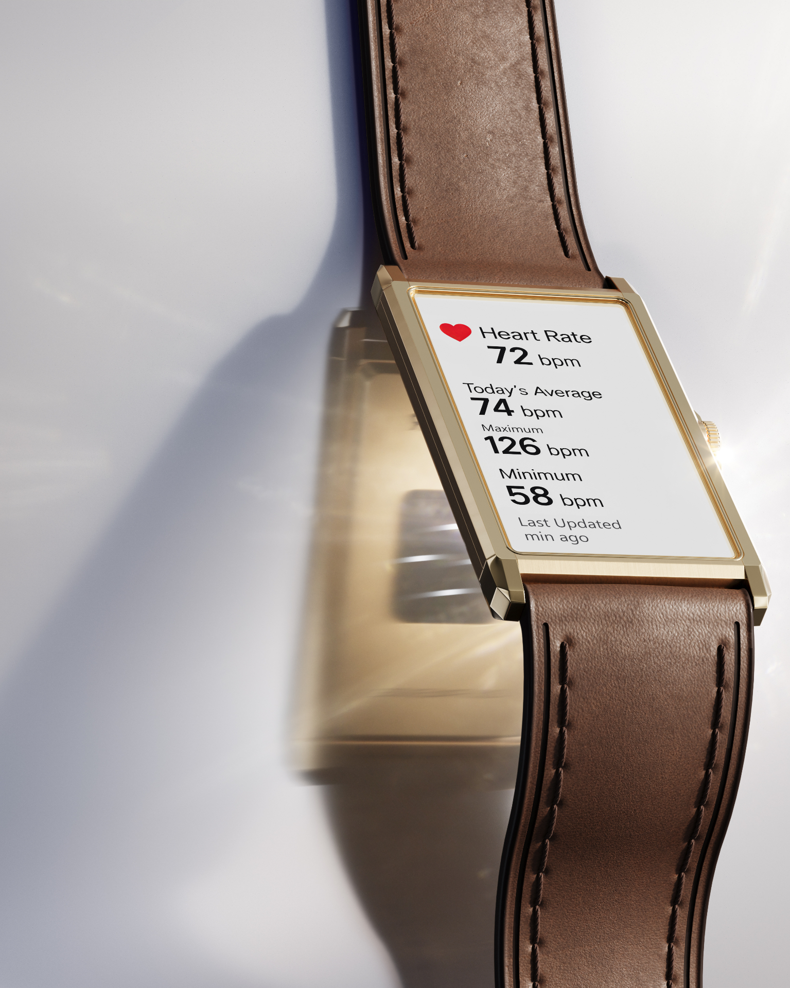The Panther Solstice in gold with brown leather strap displaying heart rate metrics