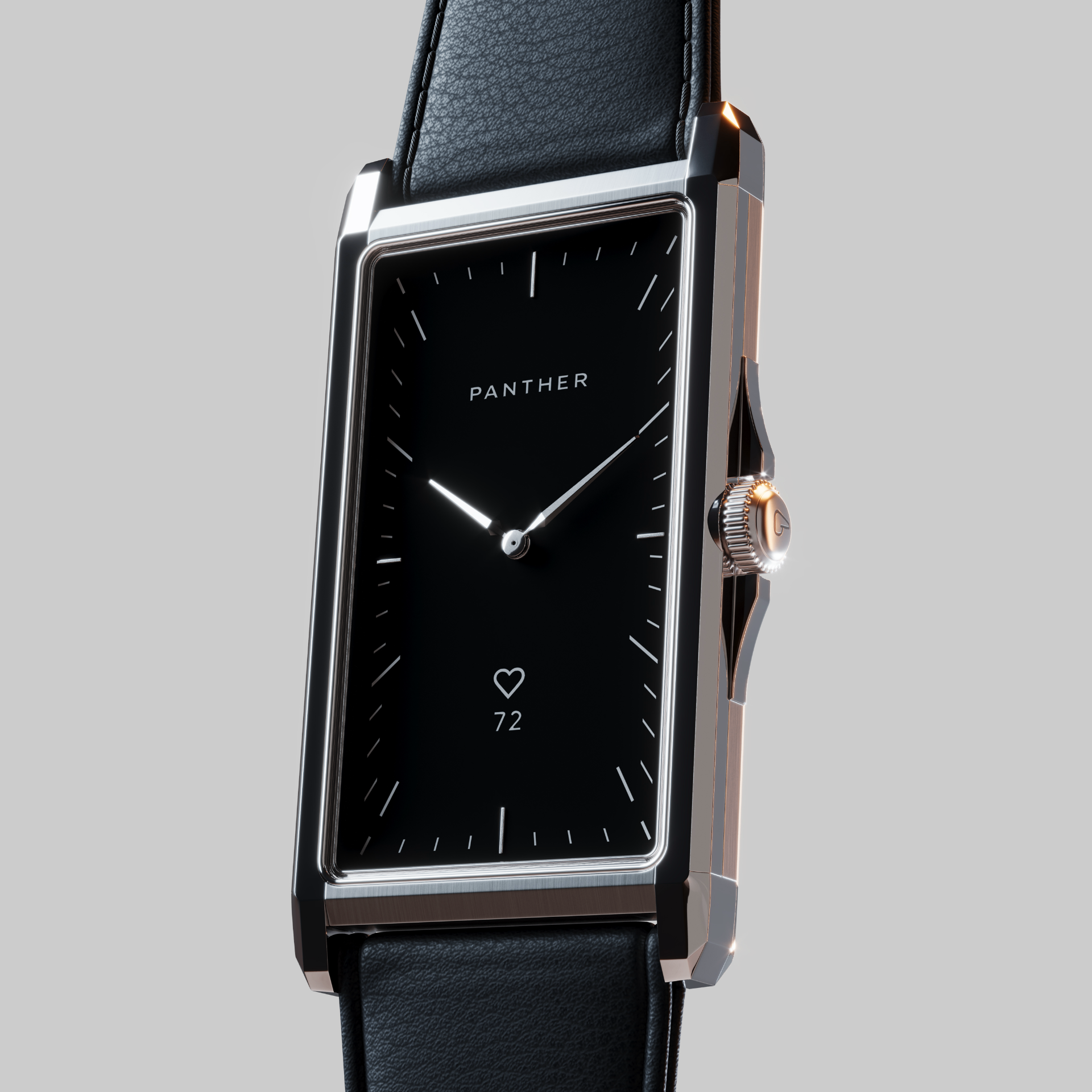 The Panther Solstice rectangular smartwatch with stainless steel case, black dial, and black leather strap showing PANTHER branding, luminous analog hands, and a heart-rate complication reading 72 bpm