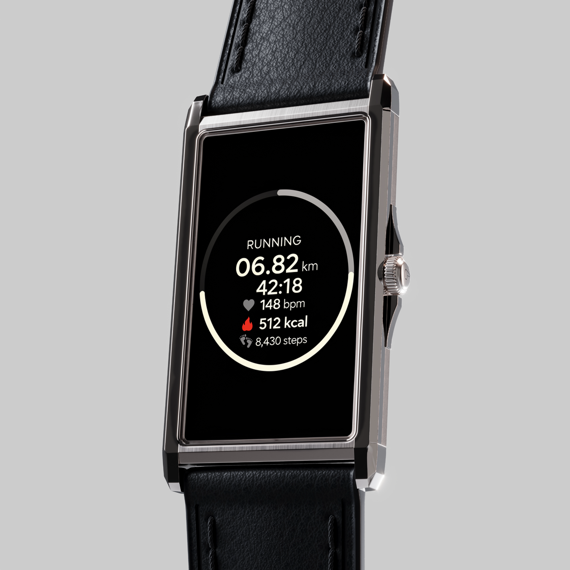 The Panther Solstice showing a running workout with distance, time, heart rate, calories, and steps