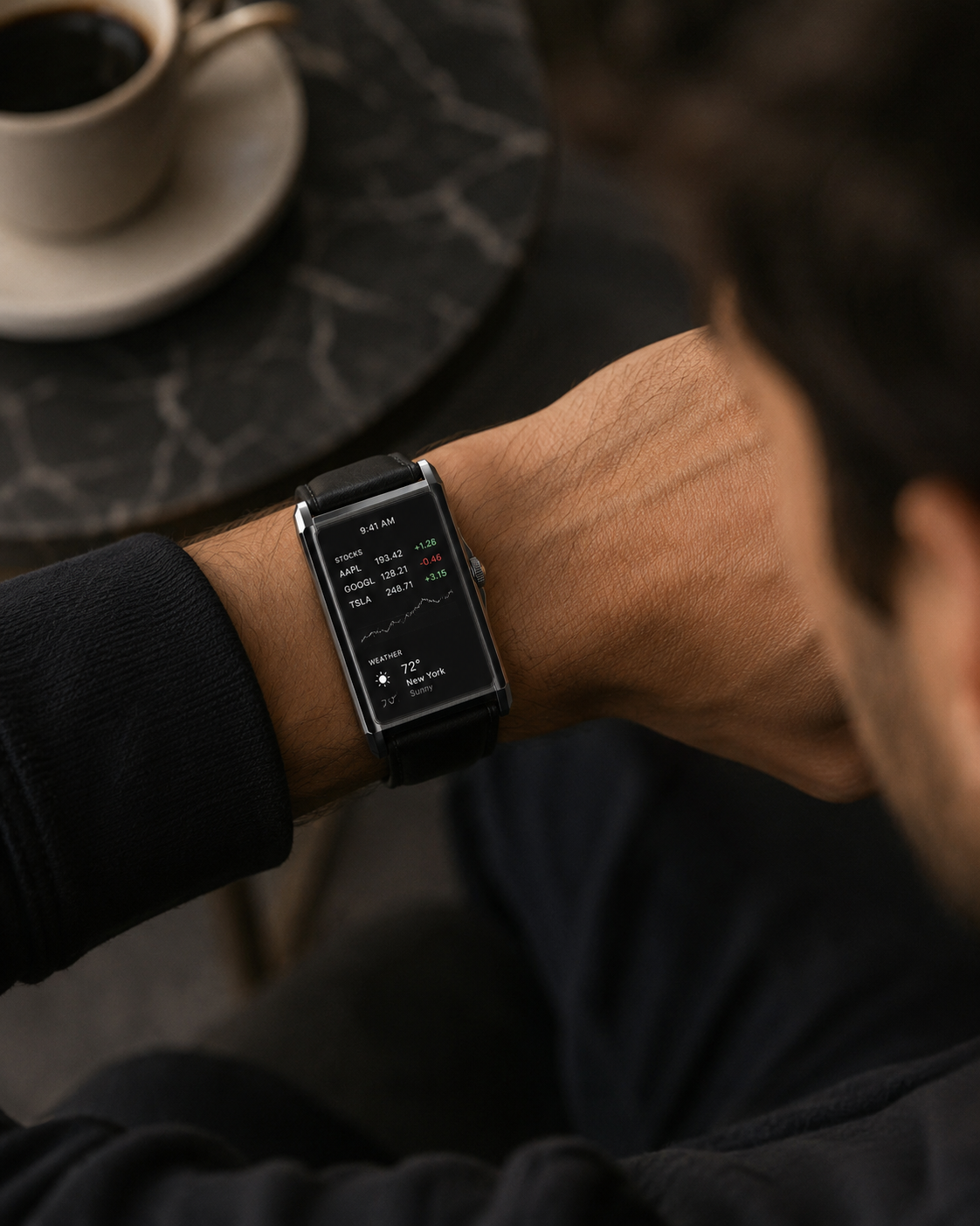 The Panther Solstice smartwatch on wrist showing connectivity and weather information