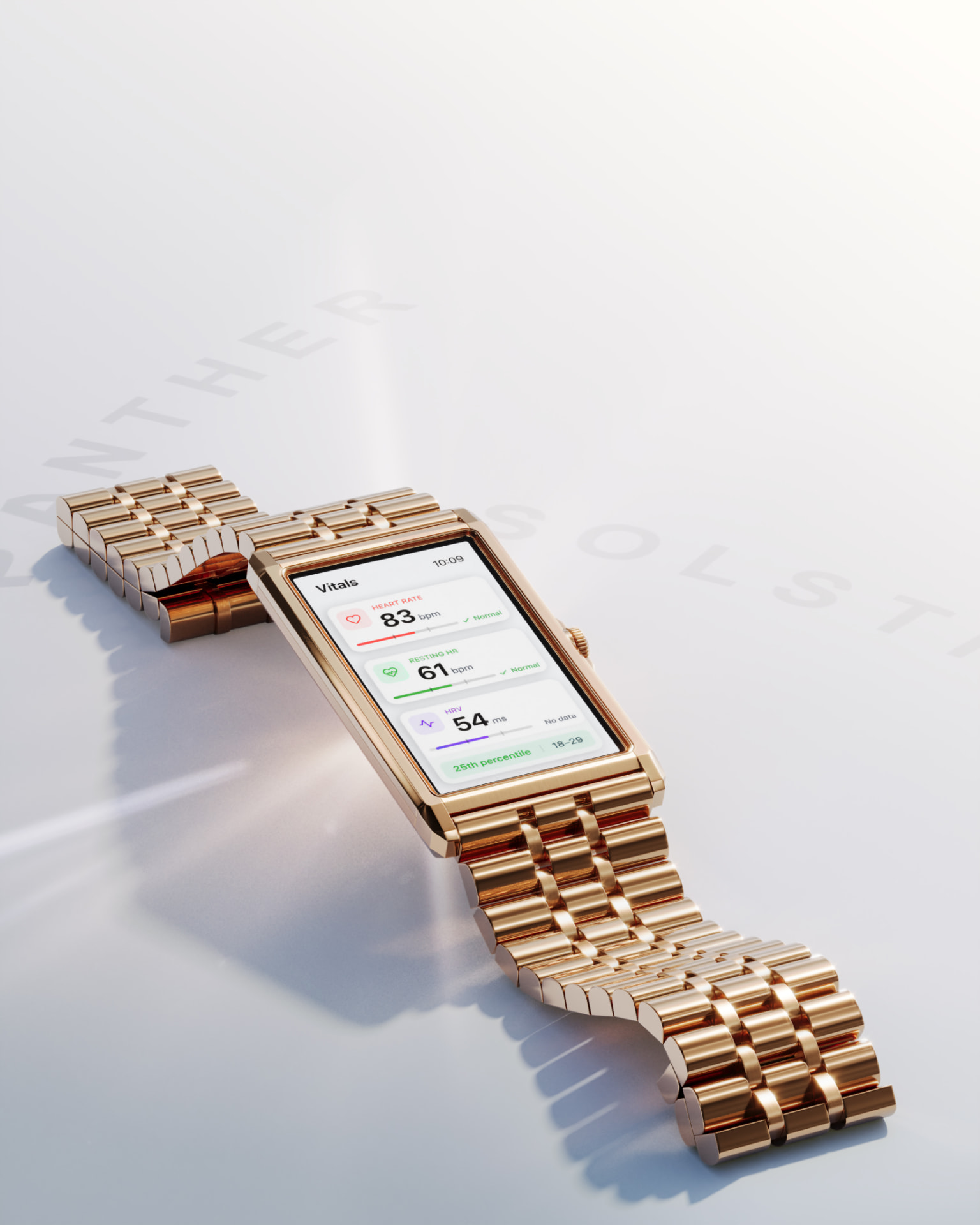 The Panther Solstice in gold showing vitals with heart rate and HRV