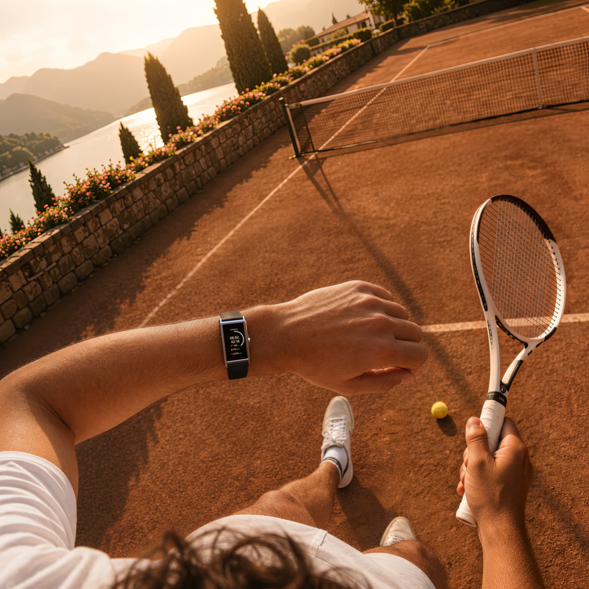 The Panther Solstice smartwatch on wrist during a tennis match, showing active fitness tracking